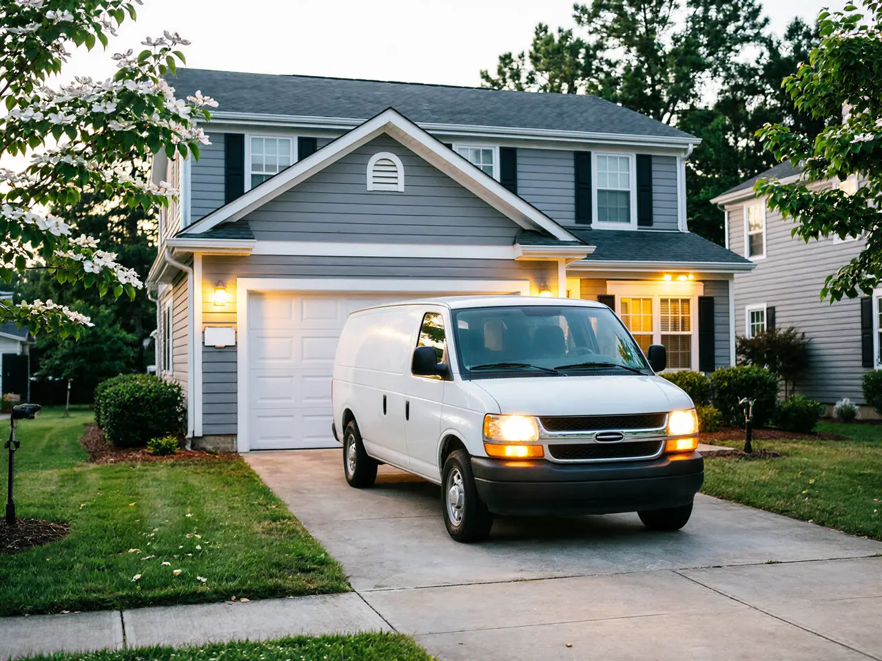 A white service van is parked in a driveway in front of a house.