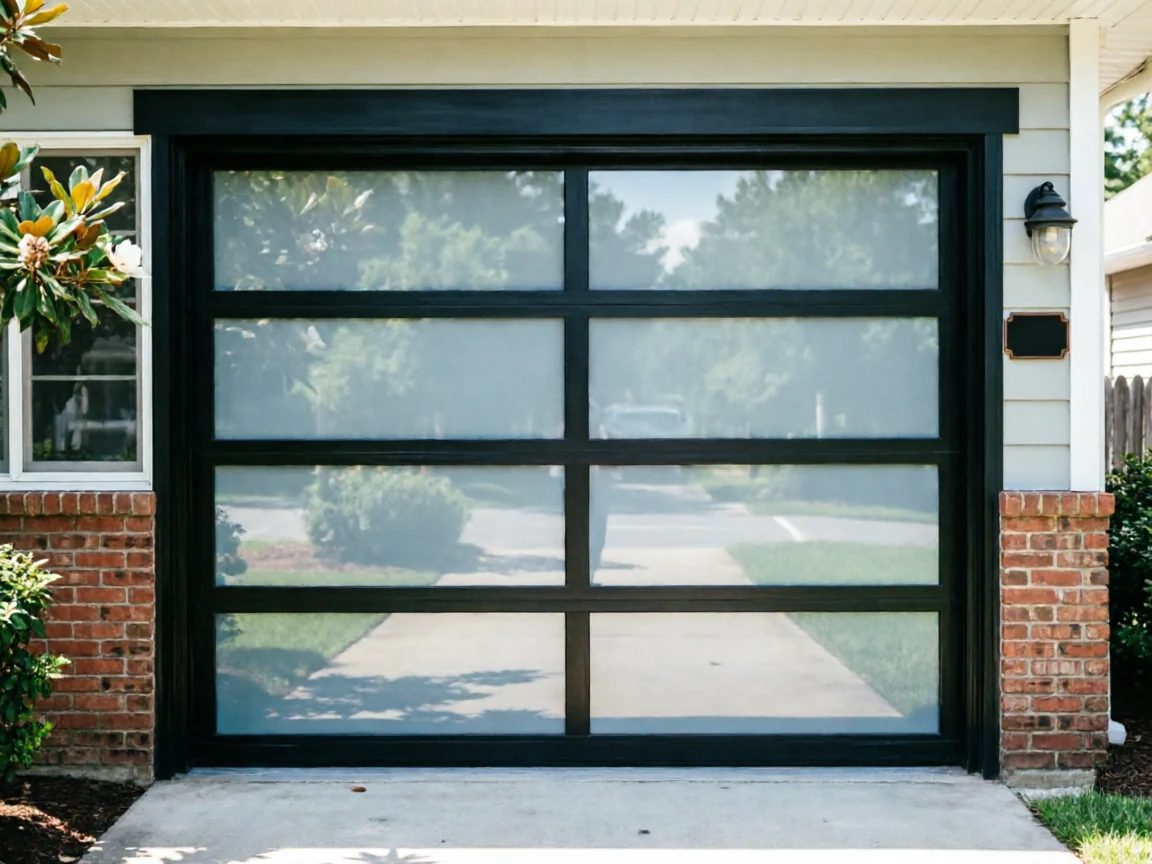 A modern black garage door with frosted glass panels.