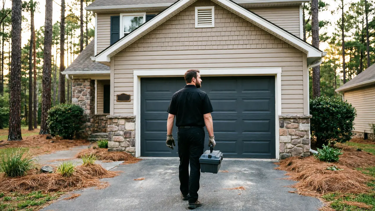 Installer checking a cream carriage-style garage door with a level under an arched opening