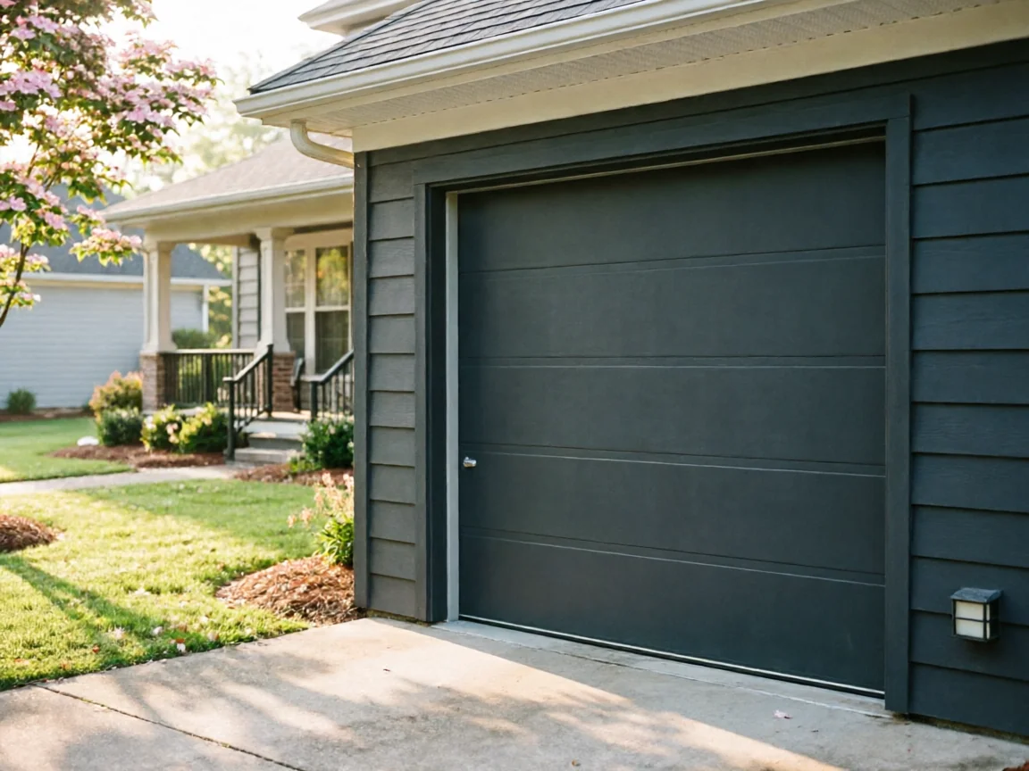 A dark gray garage door on a house with gray siding and a green lawn.