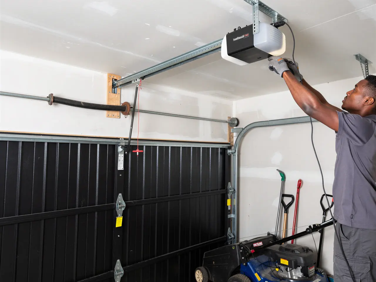 A technician installs a new garage door opener above a black garage door.
