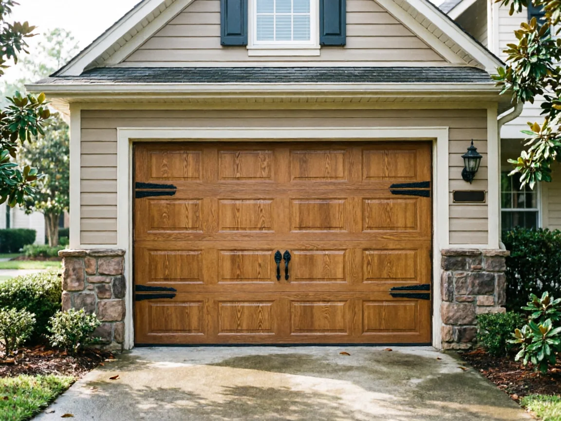 A brown garage door with decorative black hardware on a tan house.